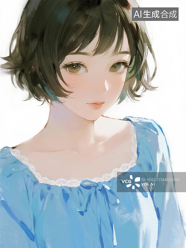【AI数字艺术】短发女子身着蓝色上衣图片素材