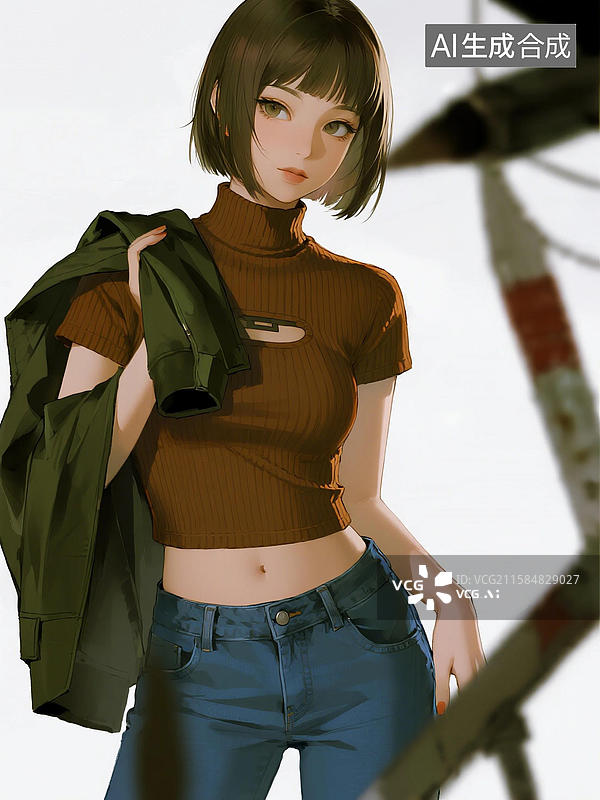 【AI数字艺术】短发女子休闲时尚露脐上衣写真图片素材
