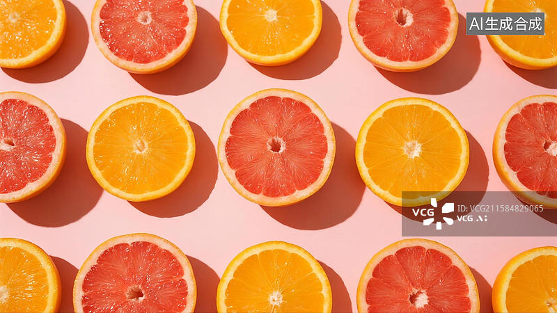 【AI数字艺术】粉色背景上整齐排列的柑橘切片图片素材