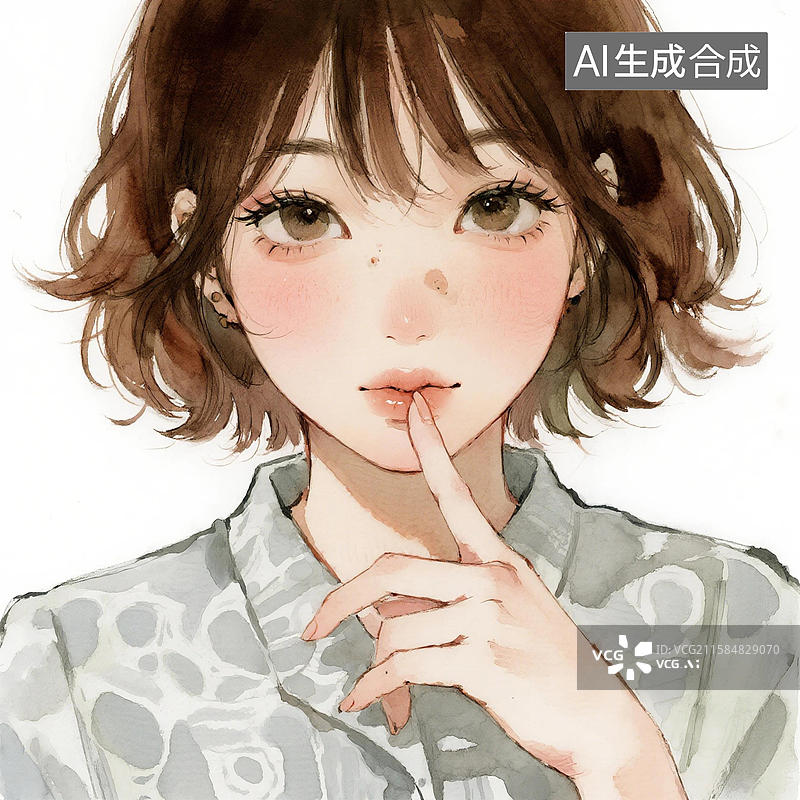 【AI数字艺术】短发棕发女孩手指轻触嘴唇图片素材