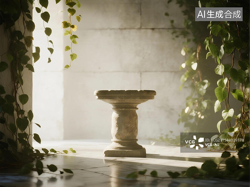 【AI数字艺术】庭院中阳光照耀的石制鸟 bath图片素材
