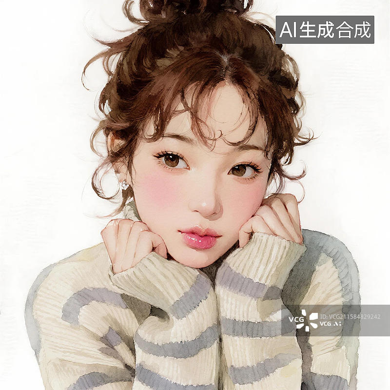 【AI数字艺术】穿着软色系毛衣的卷发盘发年轻女子图片素材