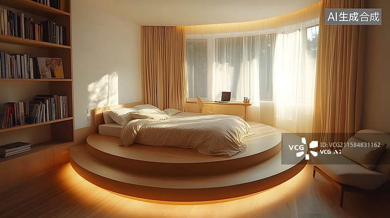【AI数字艺术】圆形平台床温馨卧室设计图片素材