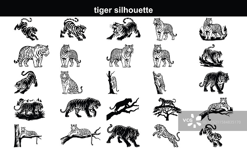 黑色老虎图标集剪影设计图片素材