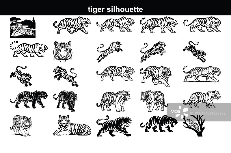 黑色老虎图标集剪影设计图片素材