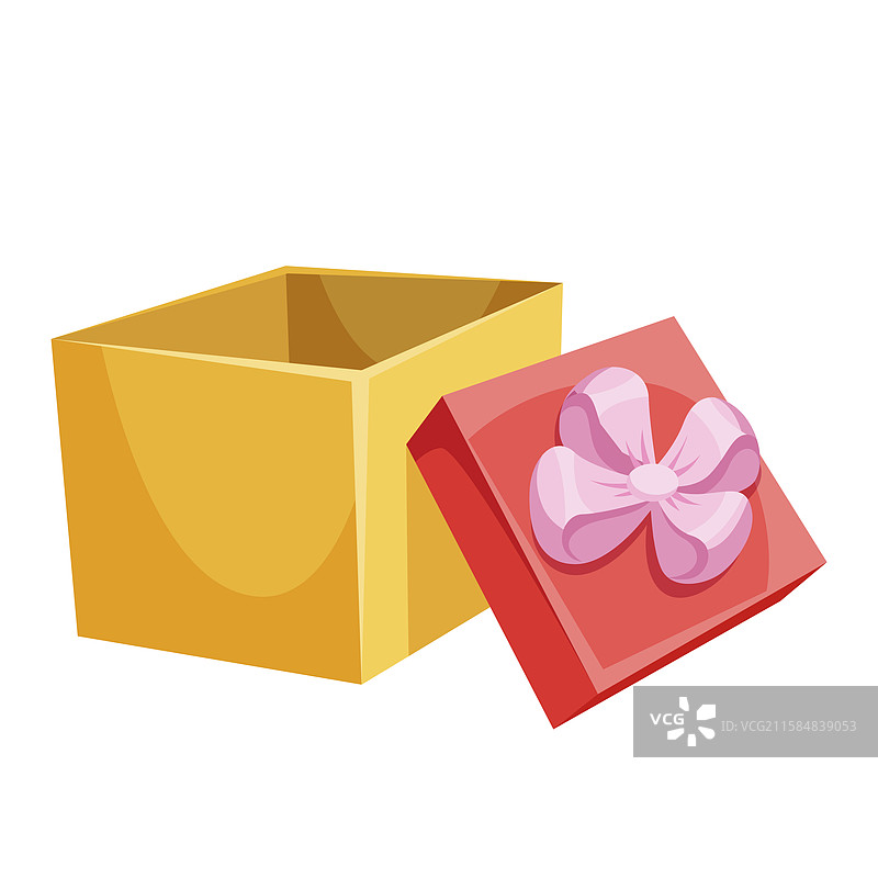 打开的黄色礼品盒，红色盖子上系着粉色蝴蝶结。图片素材