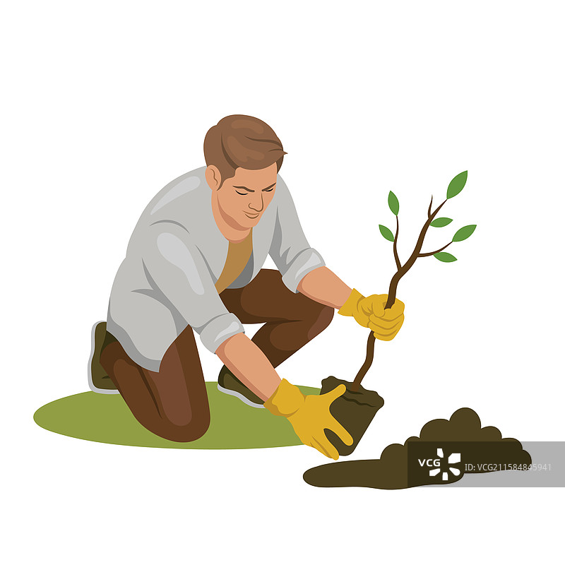 戴着手套的男人在种植树苗图片素材