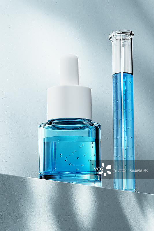 透明护肤品瓶子与滴管三维渲染图片素材