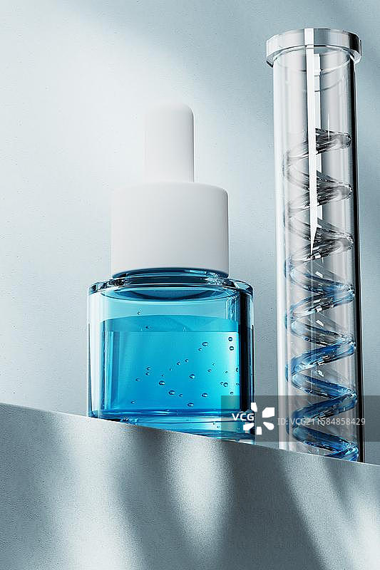 透明护肤品瓶子与滴管三维渲染图片素材