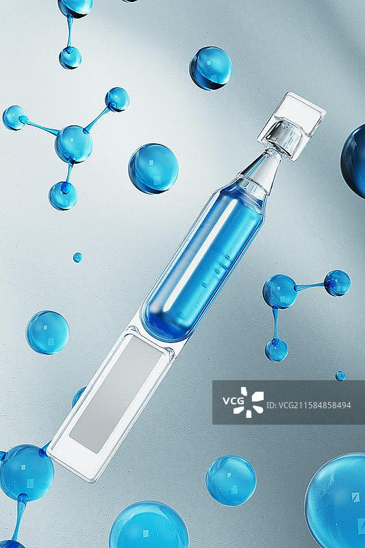 透明护肤品瓶子与滴管三维渲染图片素材