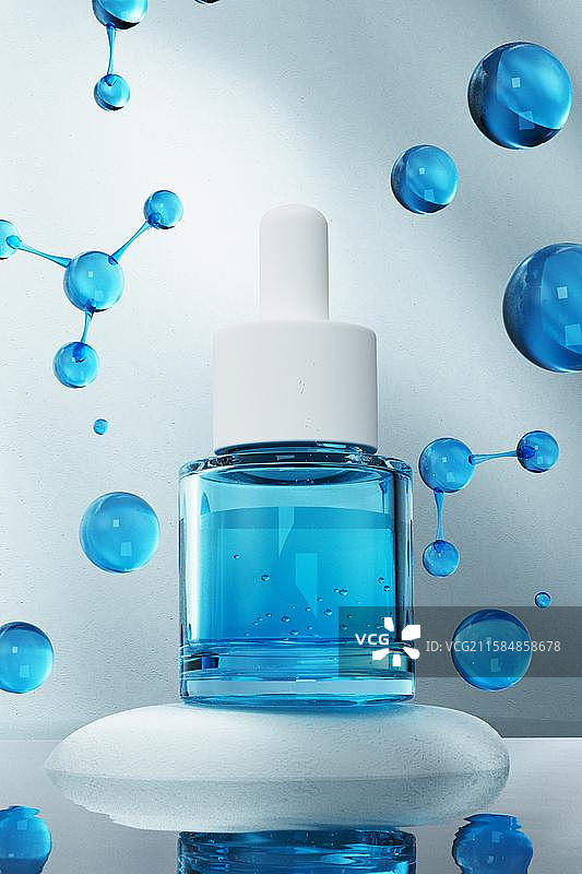 透明护肤品瓶子与滴管三维渲染图片素材