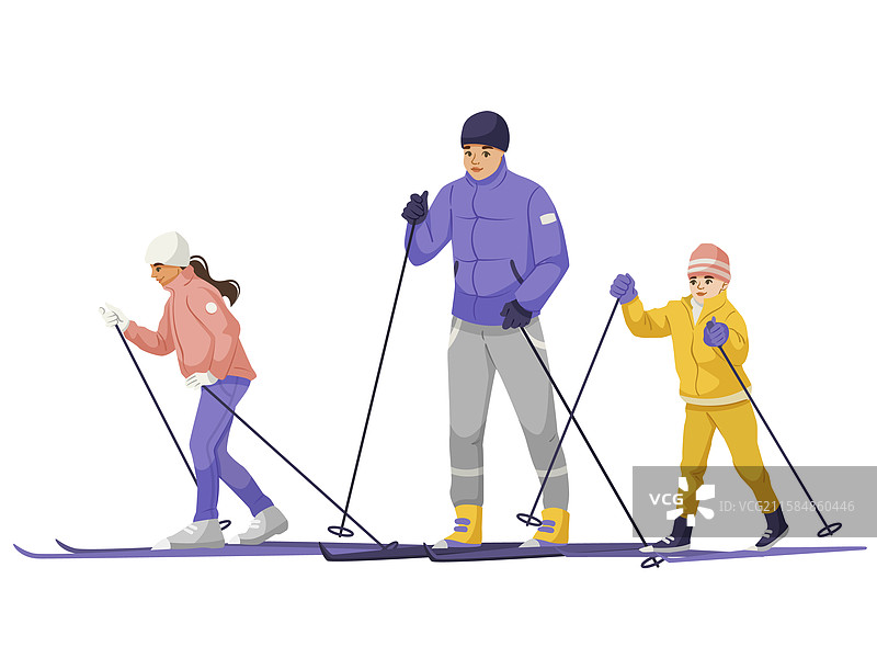 家庭在冬季一起滑雪图片素材