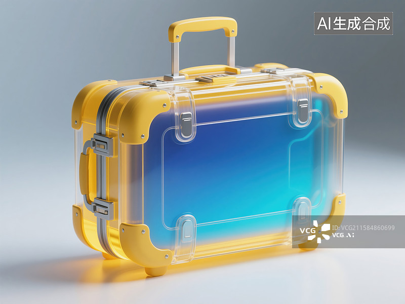 【AI数字艺术】透明黄色行李箱，渐变蓝色内部设计图片素材