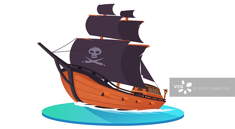黑帆海盗船漂浮在蓝色海面上图片素材