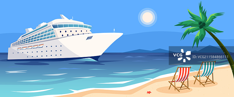 豪华游轮靠近热带海滩和棕榈树图片素材