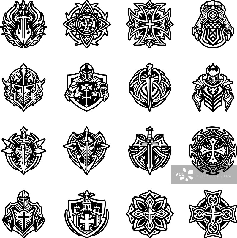 骑士艺术图标的字形风格集合图片素材