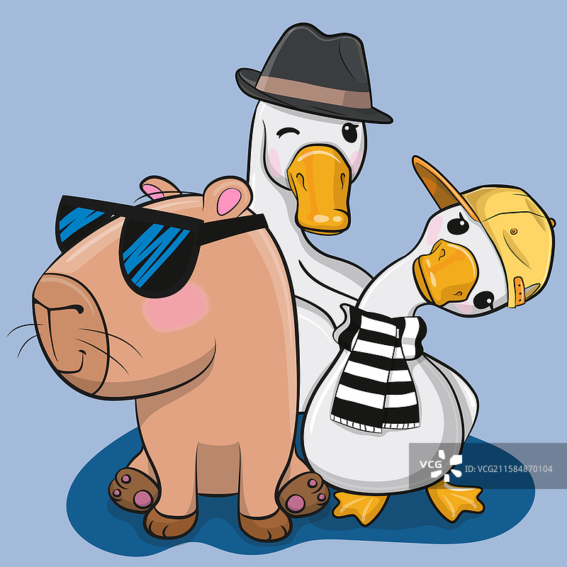 两只可爱的卡通鹅和水豚与图片素材