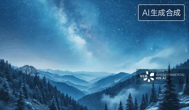 【AI数字艺术】星空下的山林图片素材
