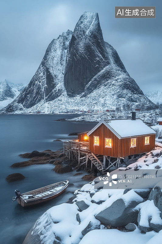 【AI数字艺术】冬日仙境：挪威峡湾的橙色小屋图片素材