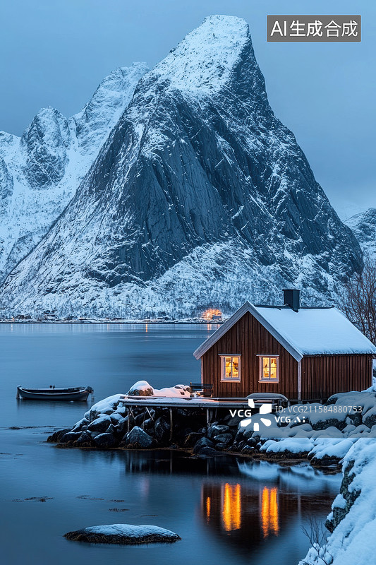 【AI数字艺术】冬日仙境：挪威峡湾的橙色小屋图片素材