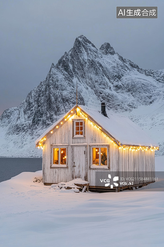 【AI数字艺术】冬日仙境：挪威峡湾的橙色小屋图片素材