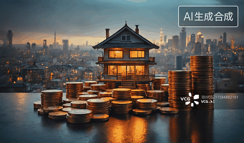 【AI数字艺术】金币环绕的温馨小屋图片素材