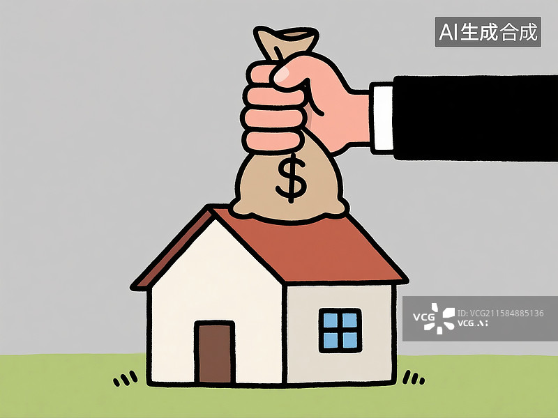 【AI数字艺术】大手持钱袋置于房子模型的夸张漫画图片素材