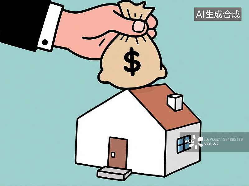 【AI数字艺术】大手持钱袋置于房子模型的夸张漫画图片素材