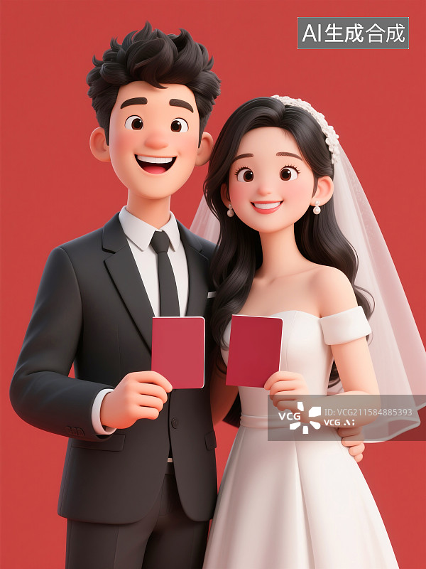 【AI数字艺术】3D新郎新娘结婚领证插画图片素材