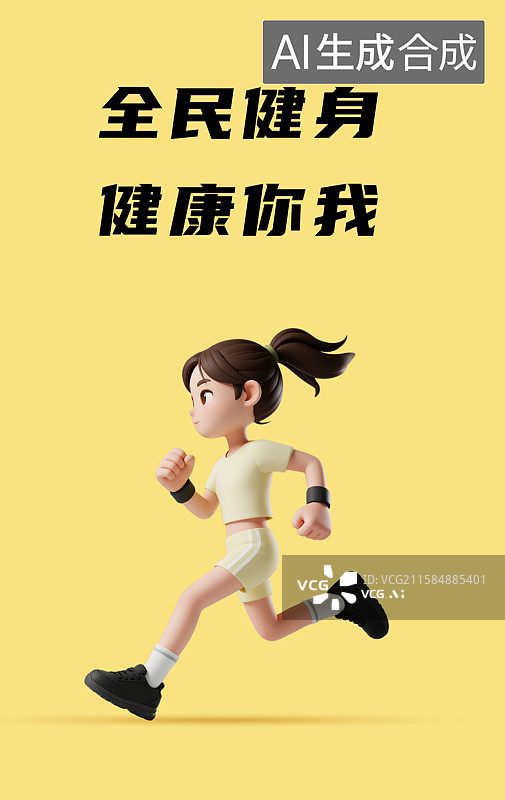 【AI数字艺术】一个女孩在跑步插画3D卡通运动场景设计模板图片素材