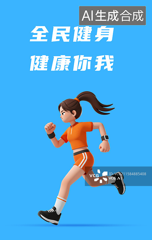 【AI数字艺术】一个女孩在跑步插画3D卡通运动场景设计模板图片素材