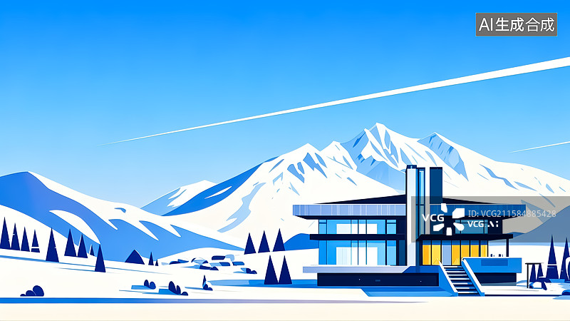 【AI数字艺术】冬天雪山别墅插画图片素材