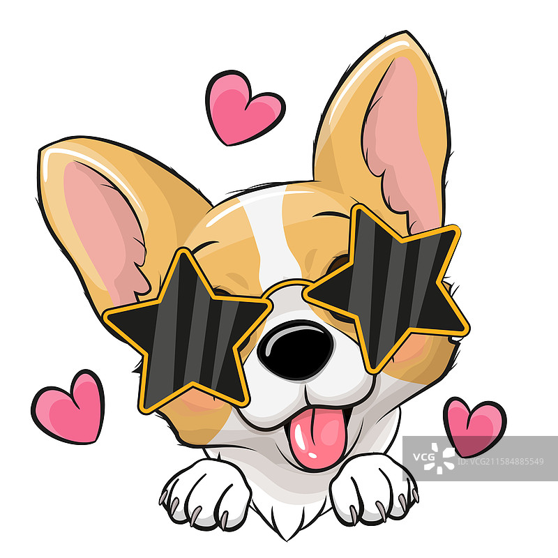 戴着太阳镜的卡通柯基犬在星星中孤立。图片素材