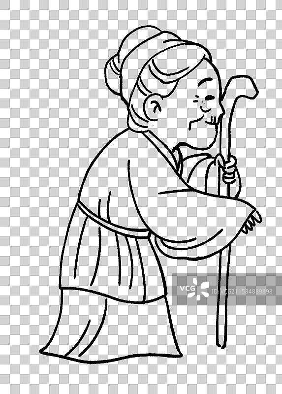 拄着拐杖的古代老奶奶卡通线稿图片素材