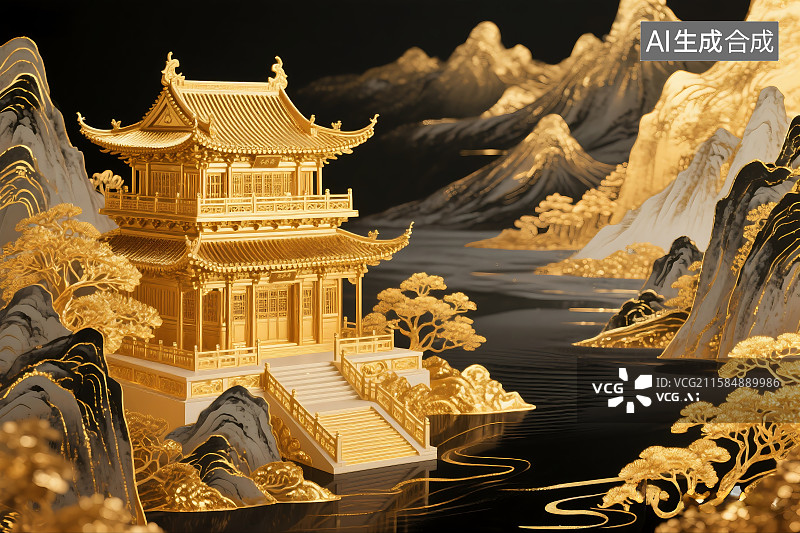 【AI数字艺术】鎏金中国山水画 亭台楼阁 中国传统文化 森林河流 黄金 金色 海报背景墙纸素材 国潮国风 新中式图片素材