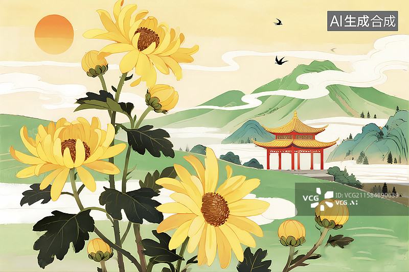 【AI数字艺术】秋天菊花古建筑重阳节插画背景图片素材