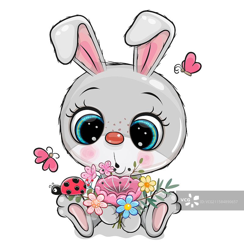 可爱的卡通兔子与白色背景上的花朵图片素材