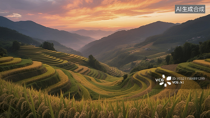 【AI数字艺术】夕阳下美丽的水稻梯田景观图片素材