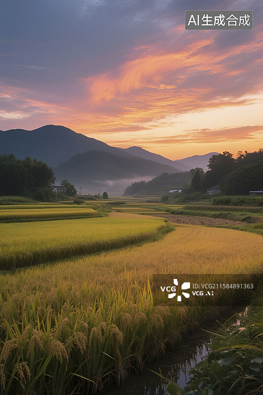 【AI数字艺术】夕阳下美丽的水稻梯田景观图片素材