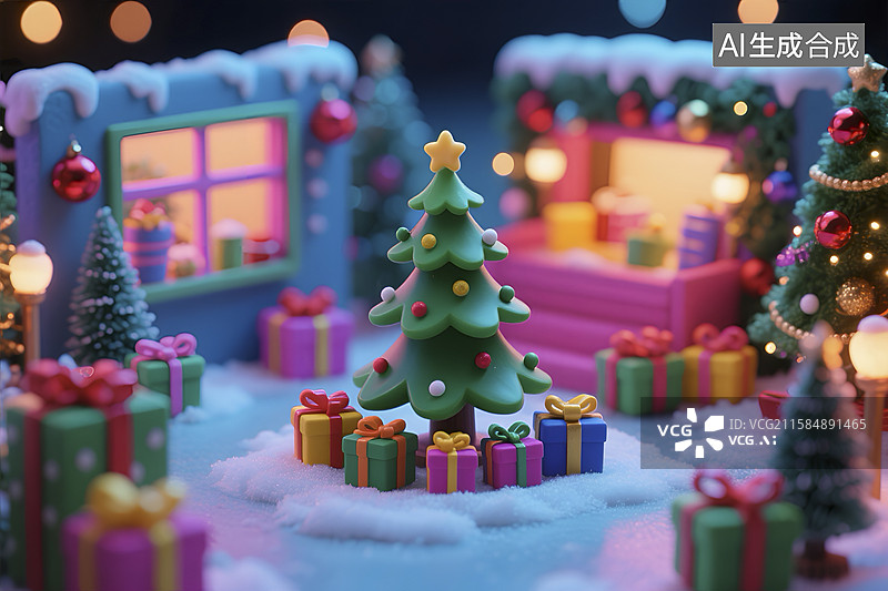 【AI数字艺术】多巴胺色圣诞节促销场景图片素材