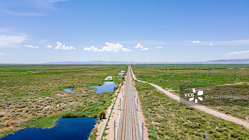 戈壁绿洲中一条笔直的铁轨图片素材