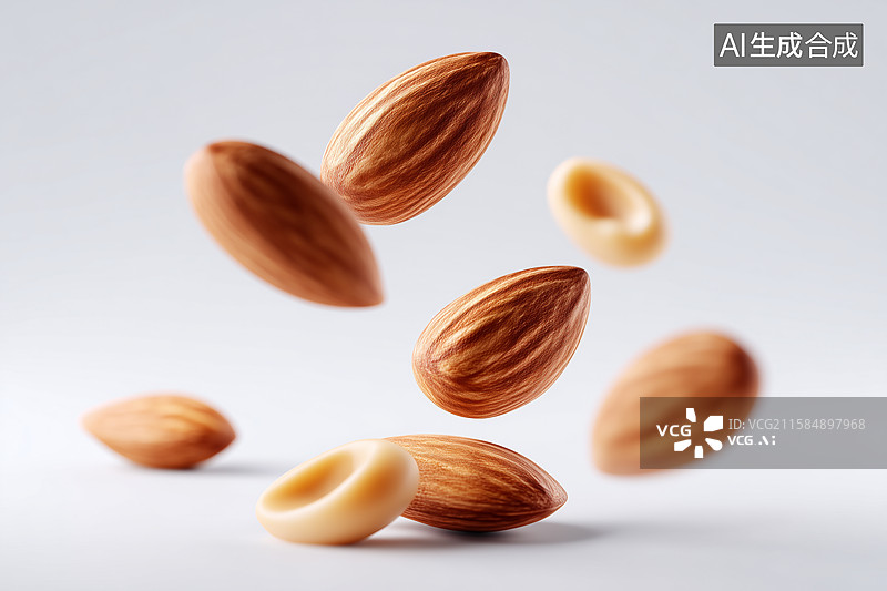 【AI数字艺术】悬浮的巴旦木坚果白底图图片素材