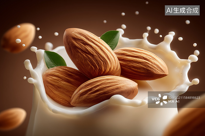 【AI数字艺术】飞溅的牛奶与巴旦木坚果图片素材