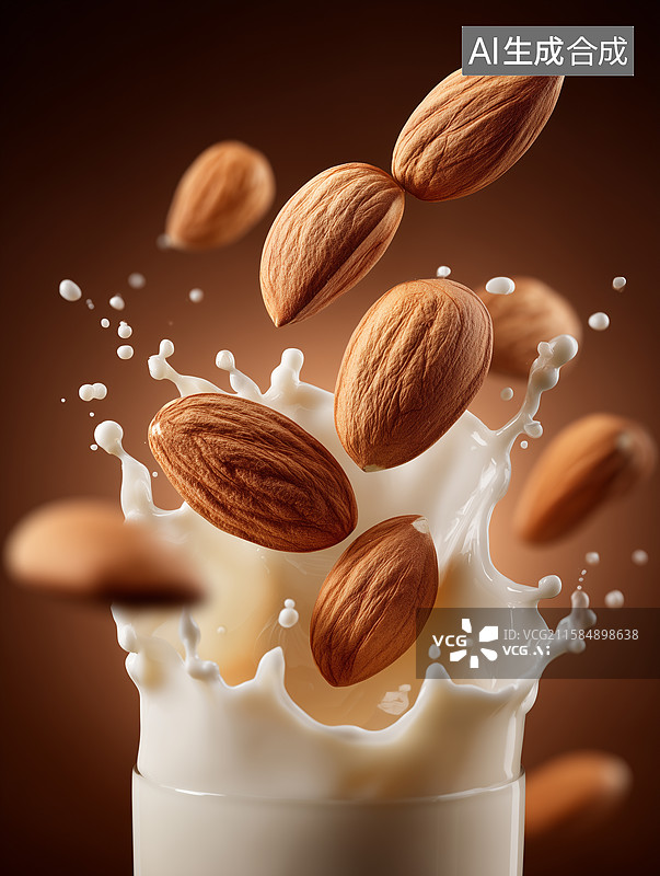 【AI数字艺术】飞溅的牛奶与巴旦木坚果图片素材