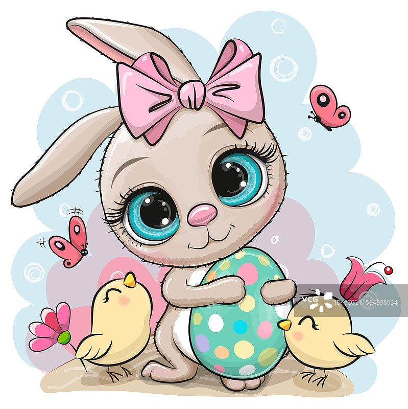 可爱的卡通兔子与一个鸡蛋和两只小鸡图片素材