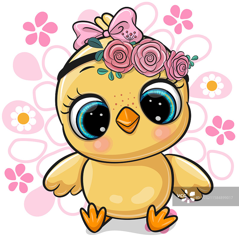 卡通鸡女孩与花朵背景图片素材