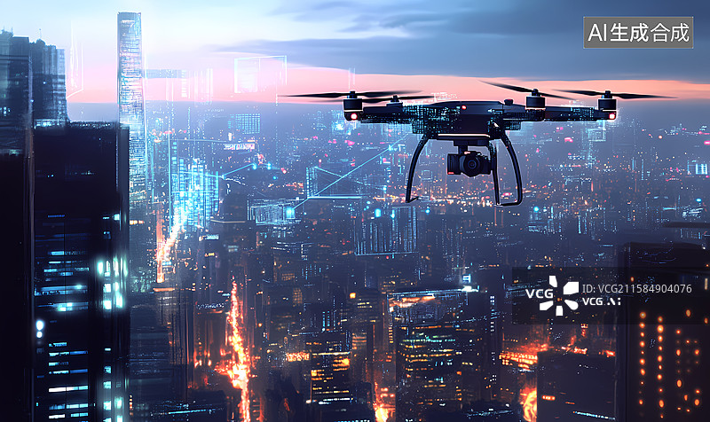 【AI数字艺术】城市里飞行的无人机图片素材