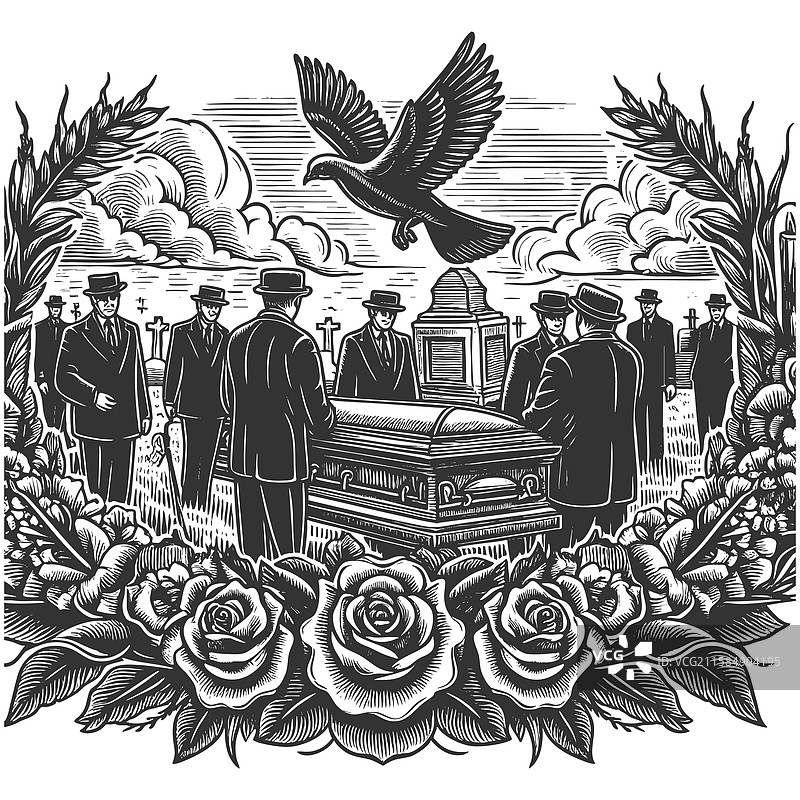 葬礼场景与哀悼人物的雕刻图片素材