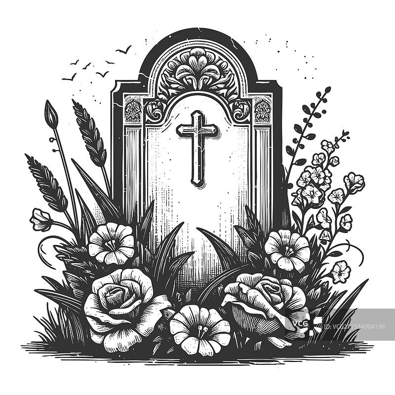 带有十字架和花卉雕刻的墓碑图片素材