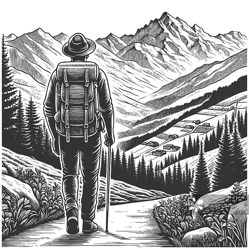 远足者俯瞰山谷的雕刻图片素材